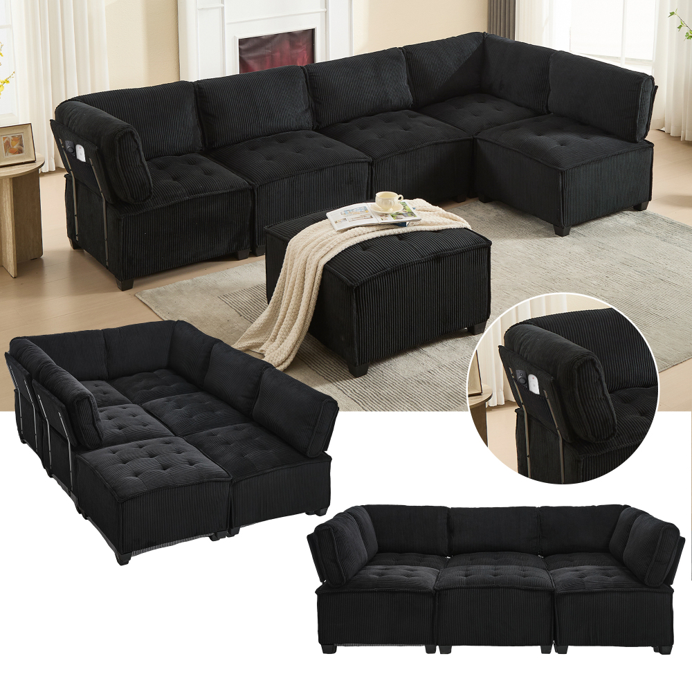 Sofá modular 6 lugares em bombazina preto conversível em l u ou cama