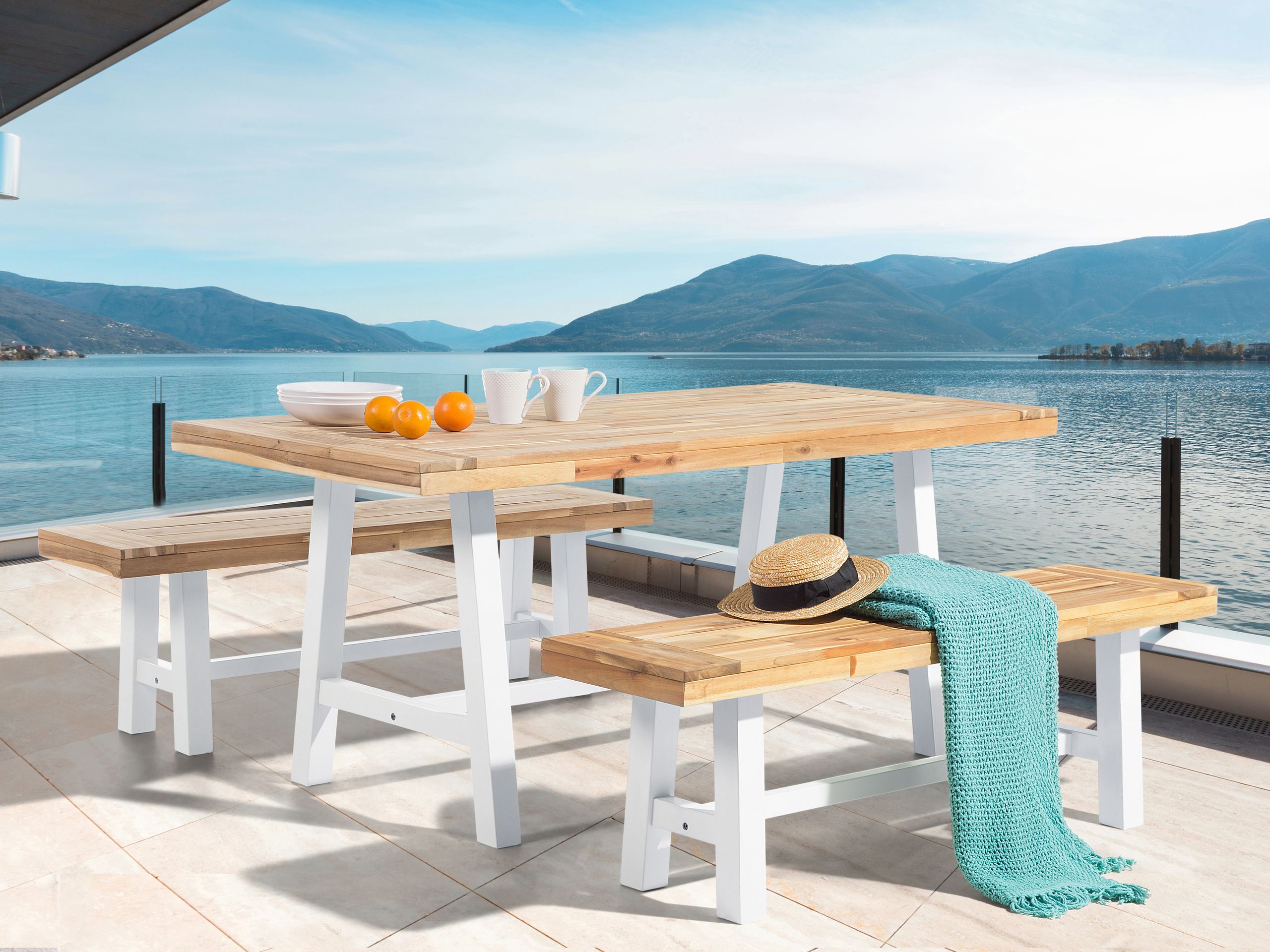 Conjunto de refeição de jardim 6 lugares scania madeira de acácia branco
