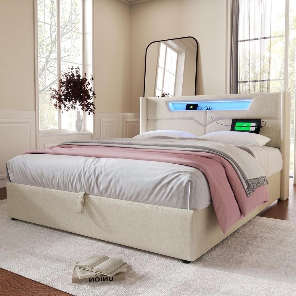 Cama dupla 160x200 cm com LED usb-c, baú e cabeceira acolchoada bege