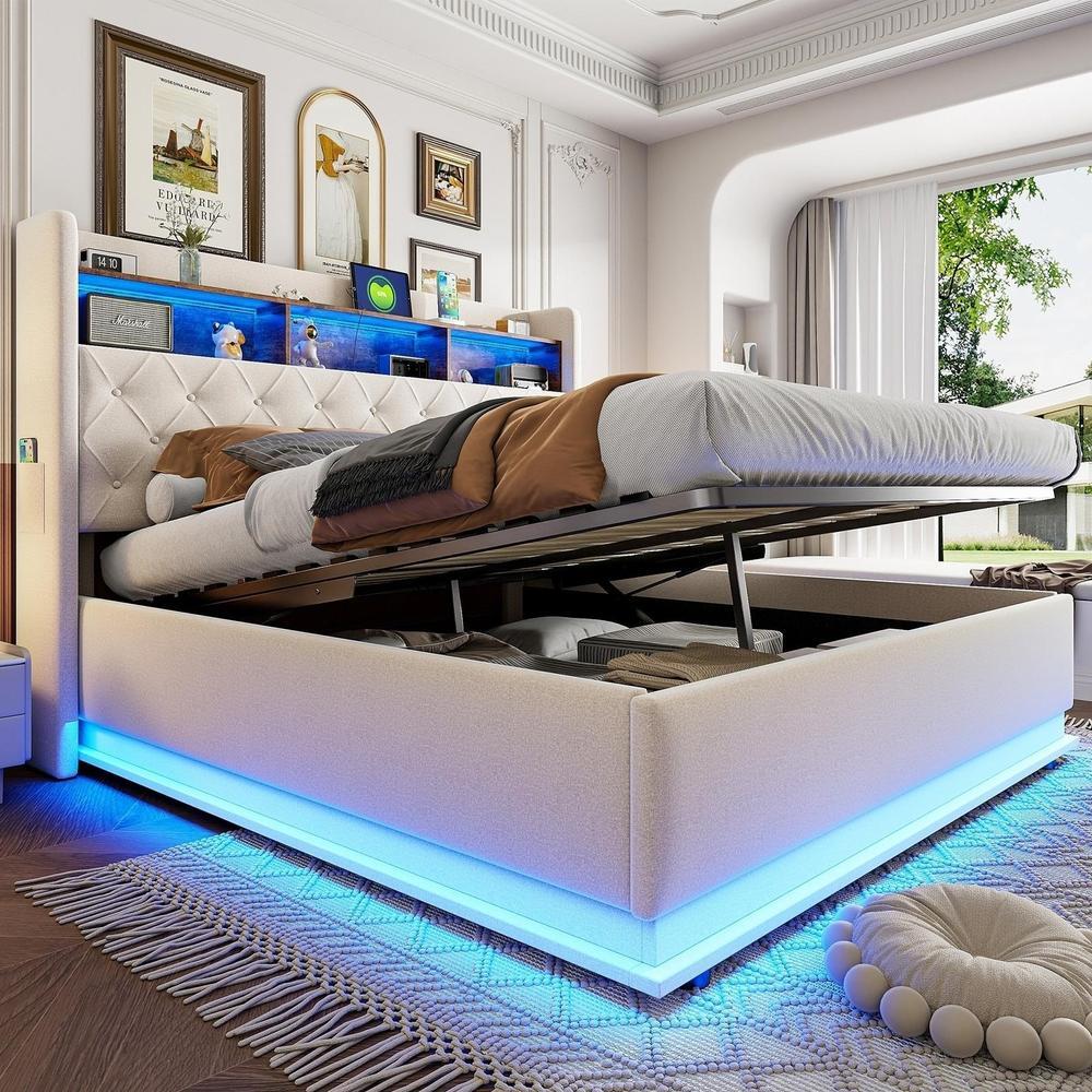 Cama de casal 180x200cm com LED, arrumação hidráulica, usb bege