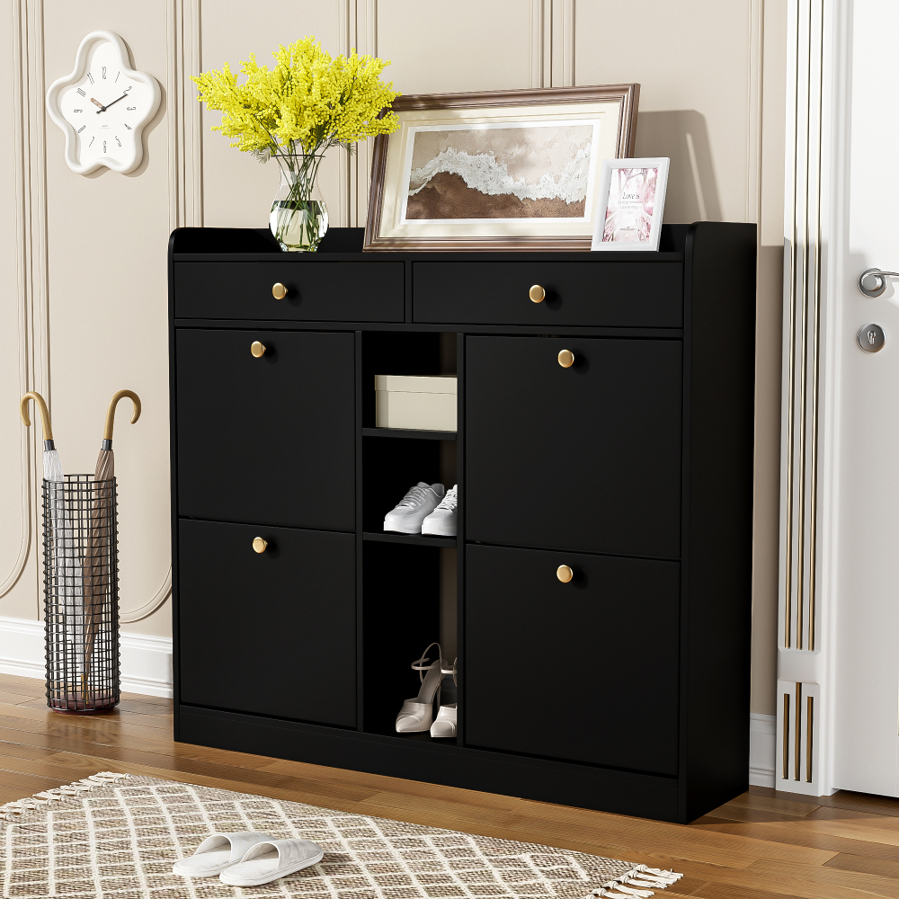 Sapateira com 4 portas basculantes 2 gavetas preto 100x110x26cm