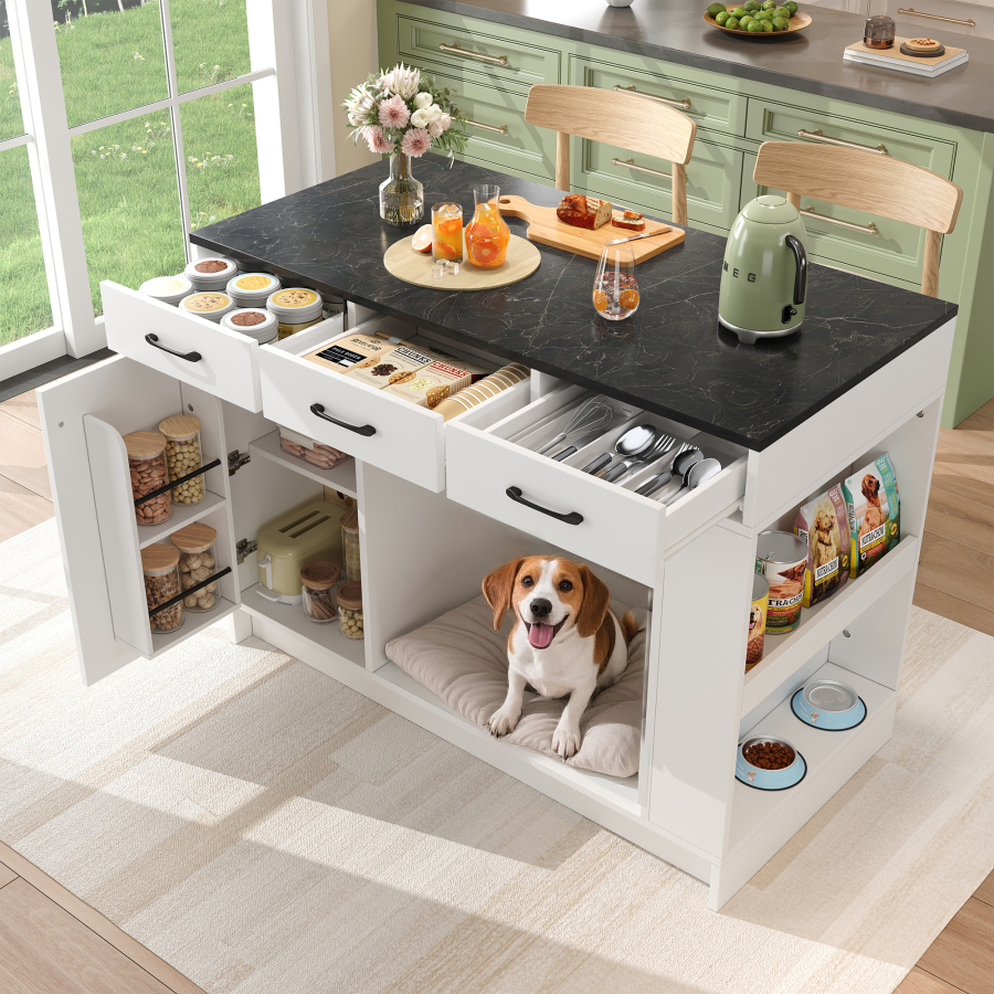 Ilha de cozinha com espaço para animal 3 gavetas branco 90x120x60cm