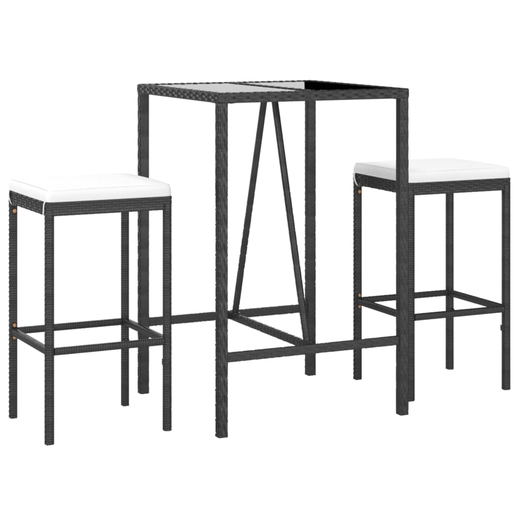 vidaXL mesa y taburetes altos jardín 3 piezas y cojines ratán pe negro