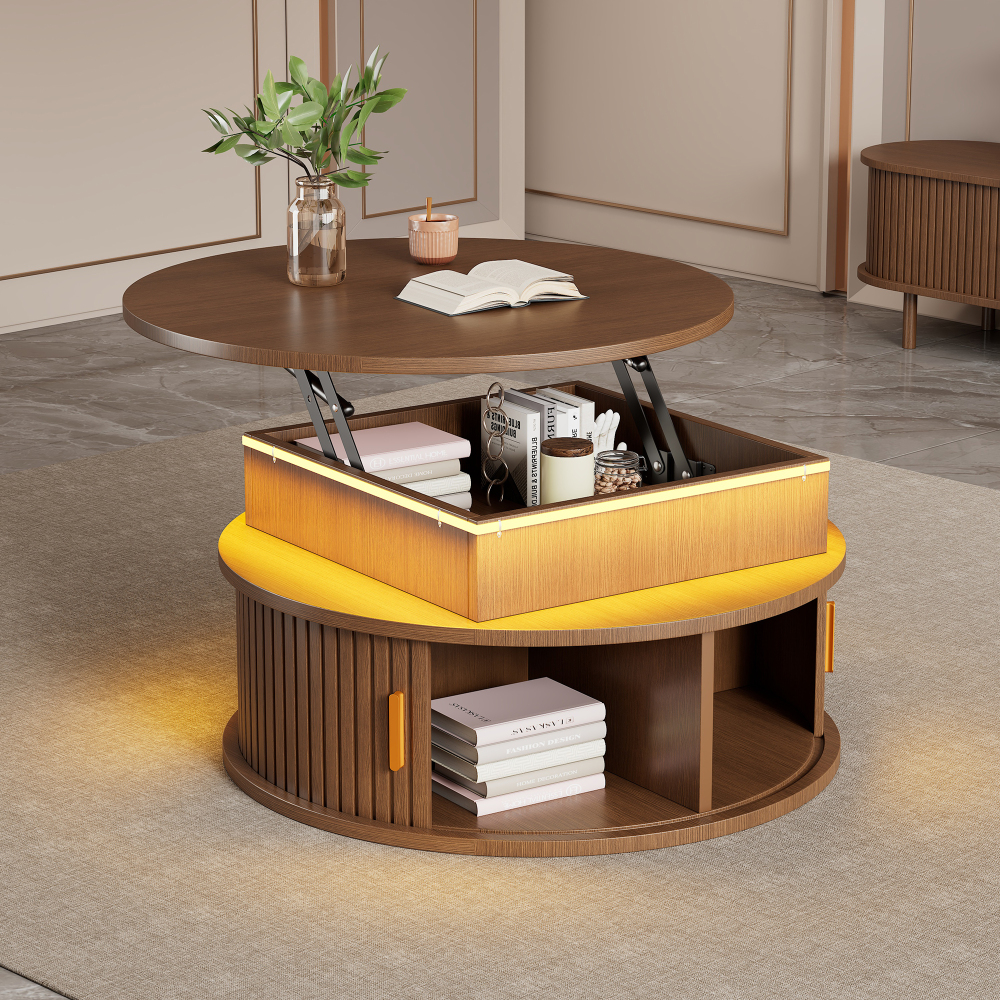 Mesa de centro elevatória com LED mdf nogueira 52x75x75cm