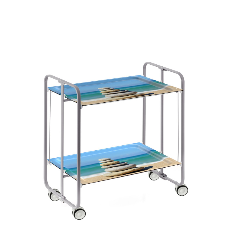 Carrinho de serviço dobrável bauhaus, armação de metal cinza, 2 bandejas