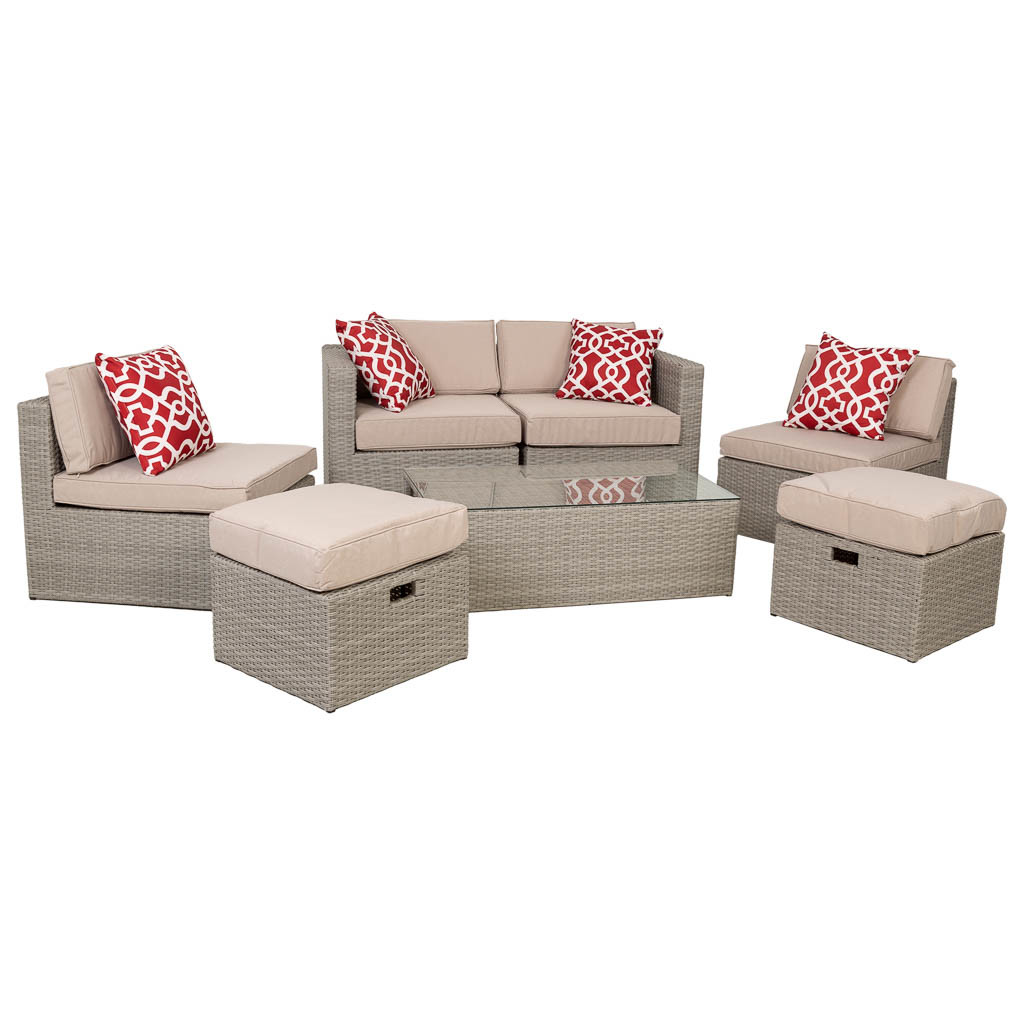 Conjunto de mesa, sofá, duas poltronas e dois pufes bege