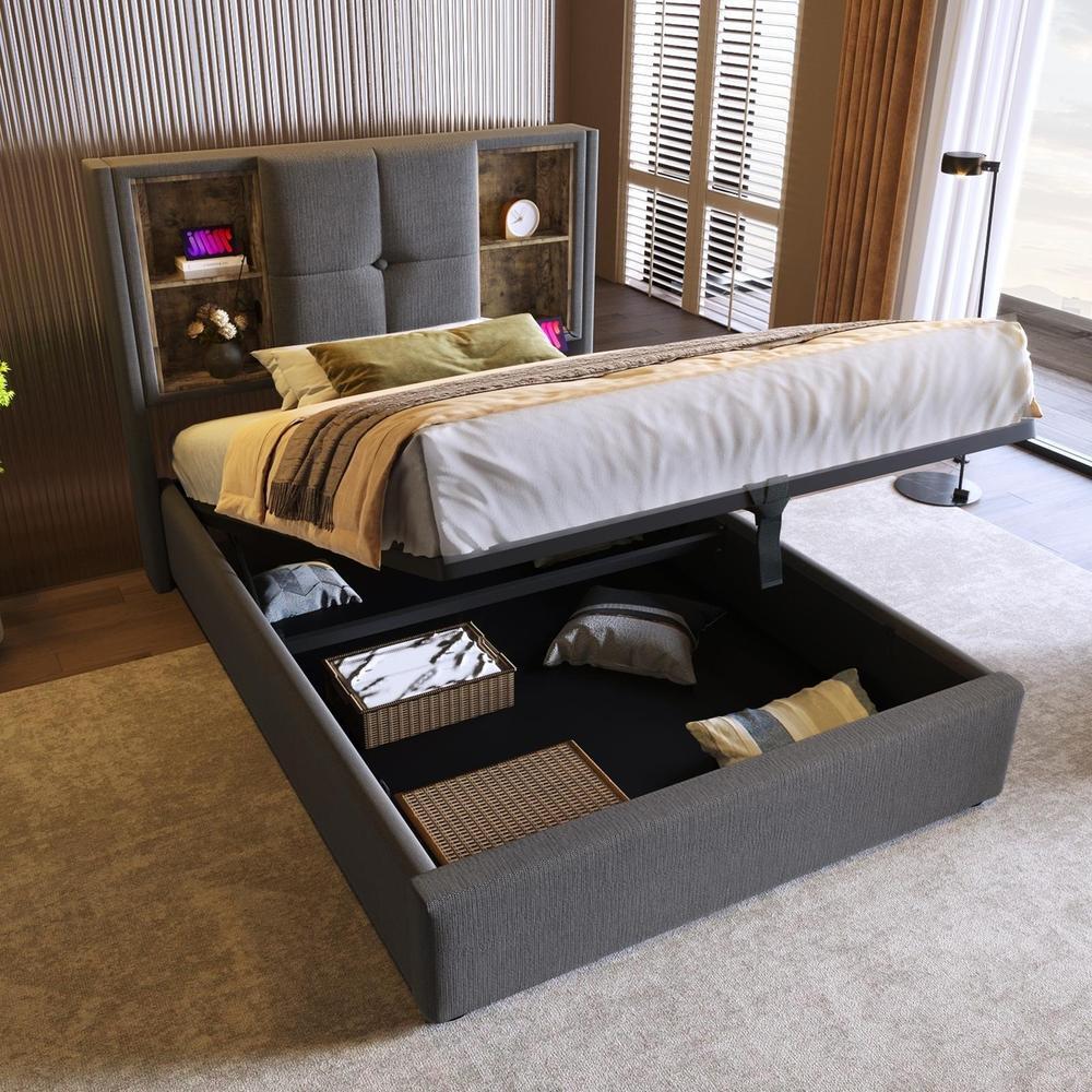 Cama acolchoada 90x200 cm com carregador sem fio, usb c, cinza