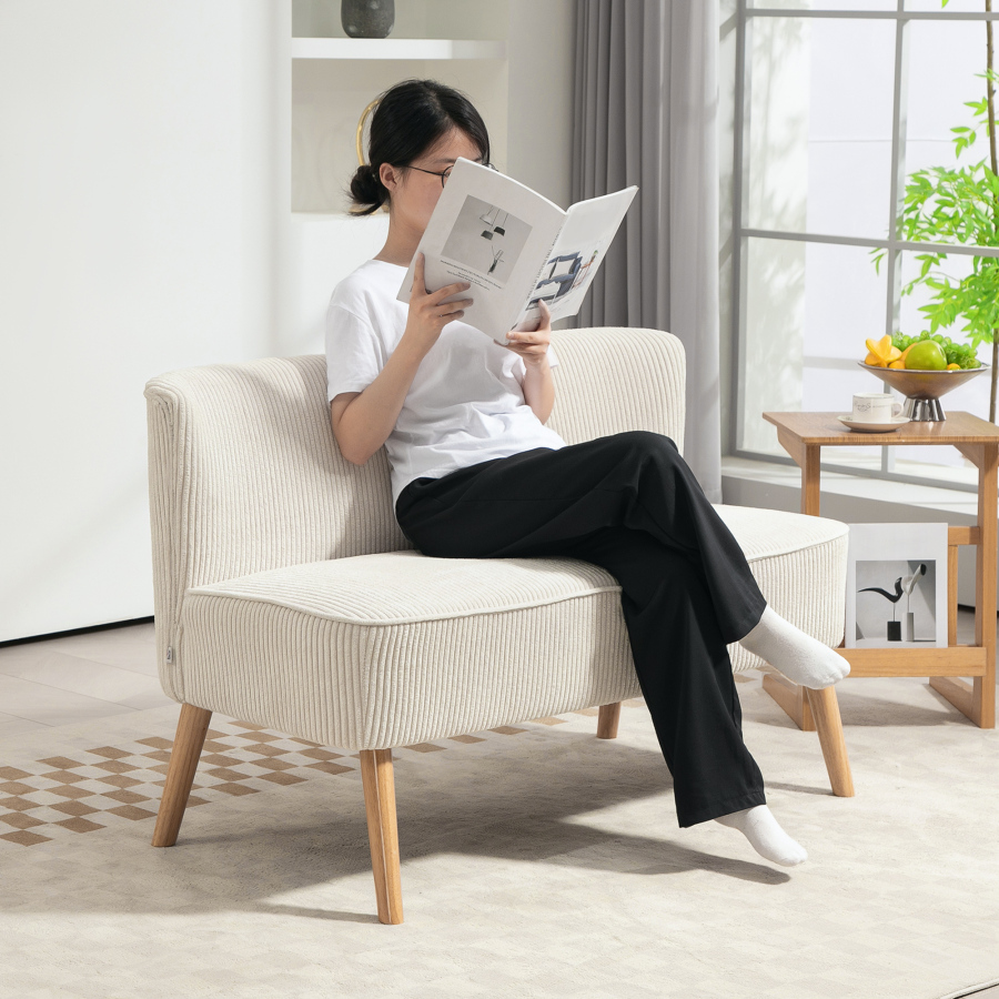 Sofá 2 lugares sem braços madeira creme branco 117 cm