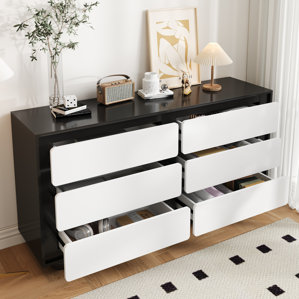 Aparador com 6 gavetas preto e branco 74,5x140x38cm
