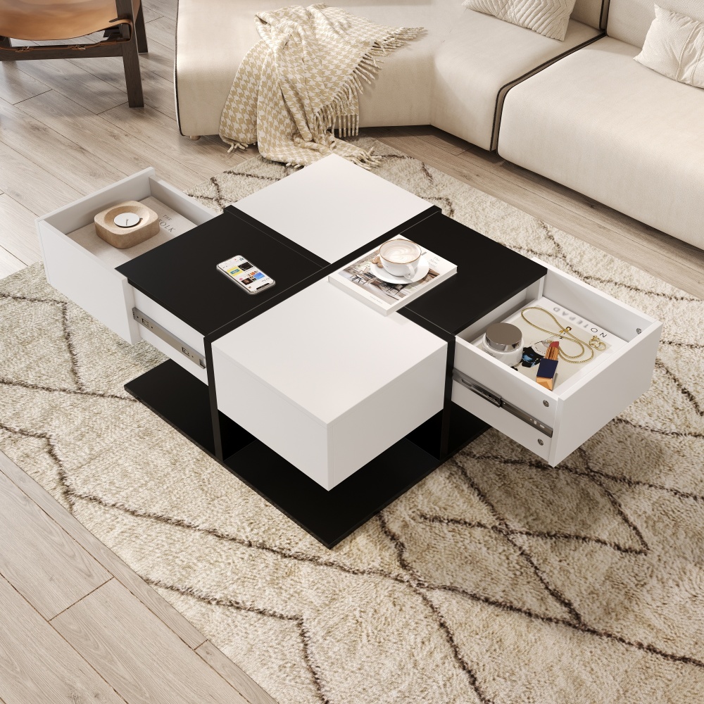 Mesa de centro com 2 gavetas preto e branco 35,5x70x70cm