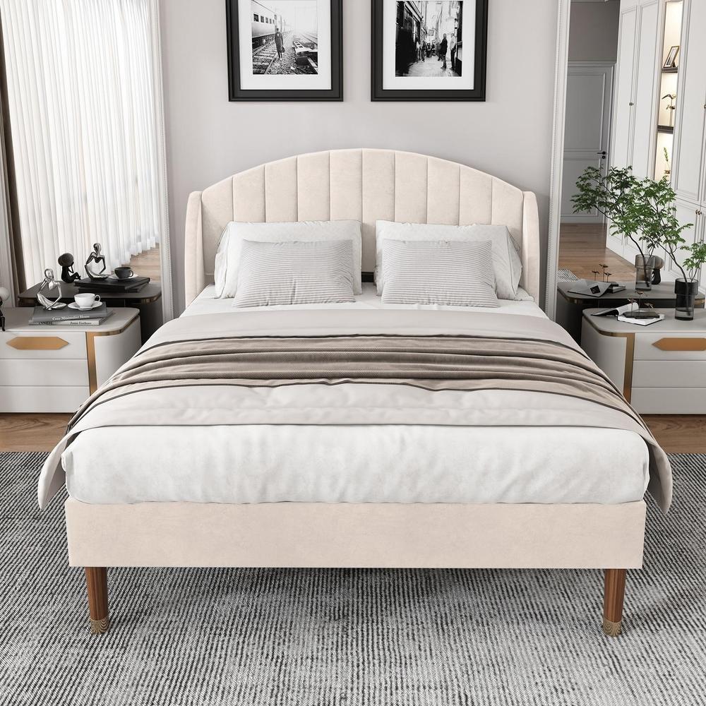 Cama estofada veludo bege 140x190cm sombra ripas