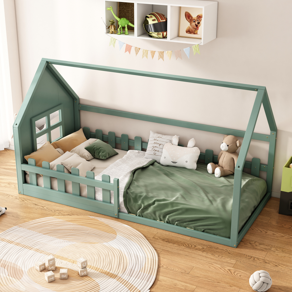Cama infantil 90x200cm em formato de casa madeira e mdf – verde