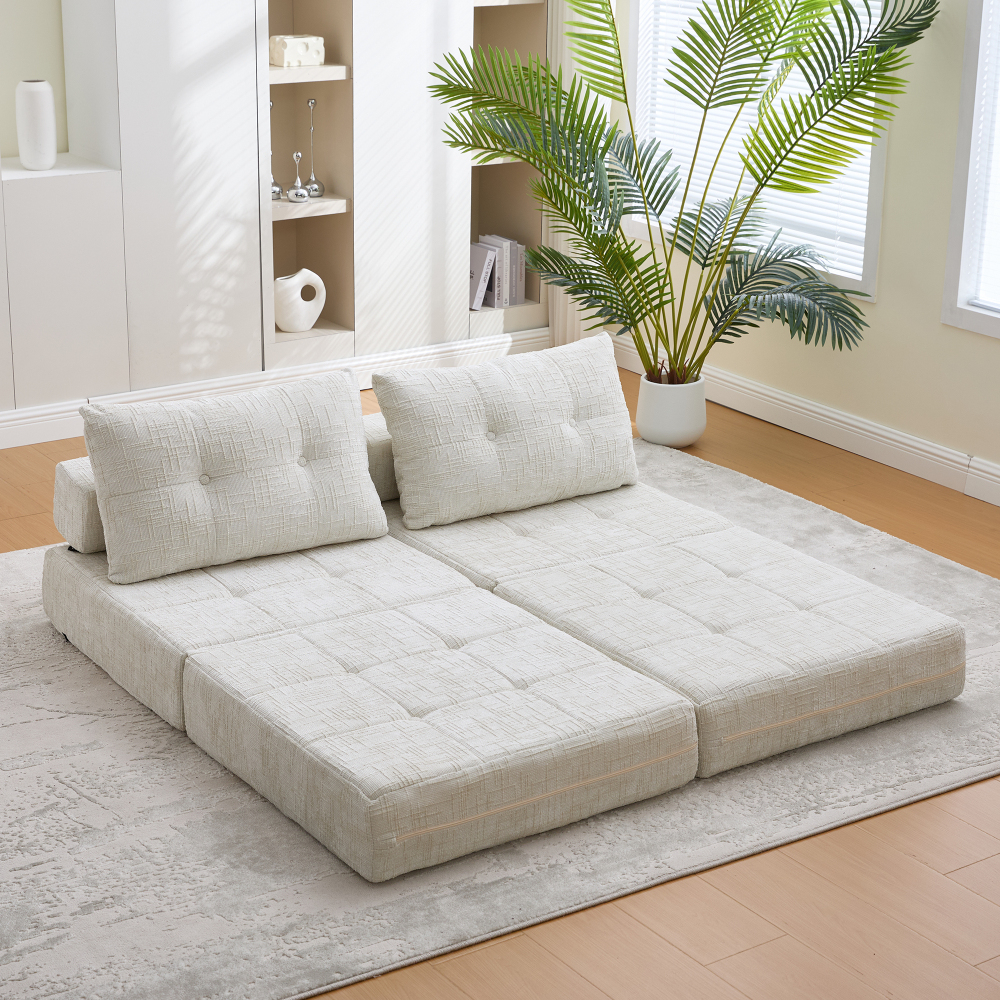Sofá cama dobrável em chenille bege com almofadas e encosto