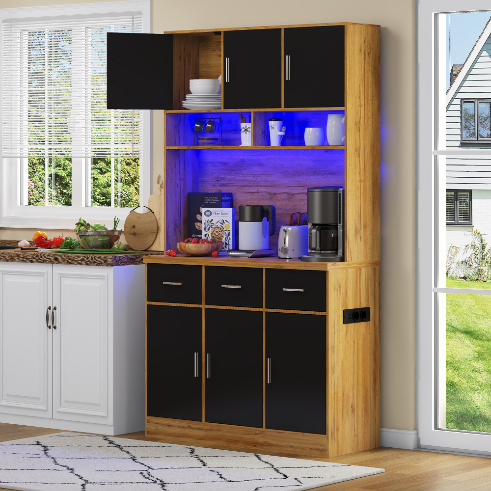 Armário multiusos cozinha LED tomadas usb preto natural 100x40x180cm