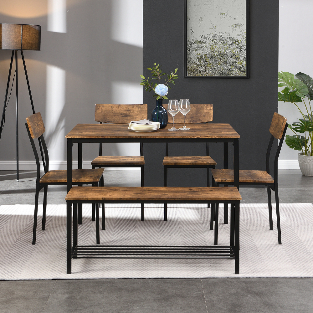 Conjunto mesa de jantar com 4 cadeiras e banco castanho mdf e aço