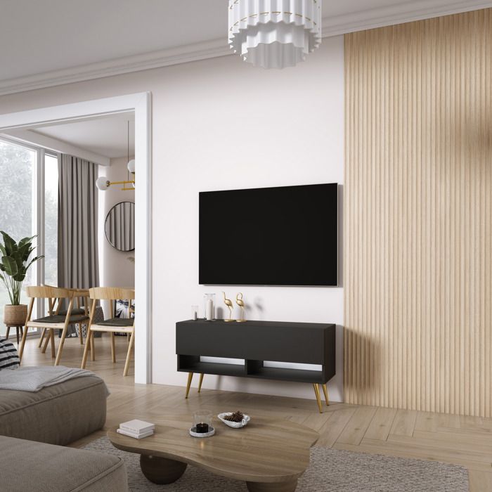 Móvel de tv design - preto mate, pés dourados - 100x32x52 cm