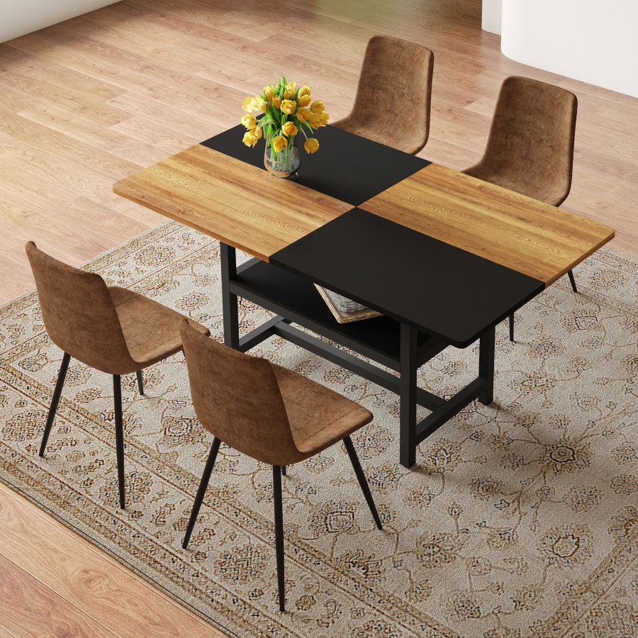 Conjunto mesa jantar retangular 160cm arrumação 4 cadeiras tecido castanho
