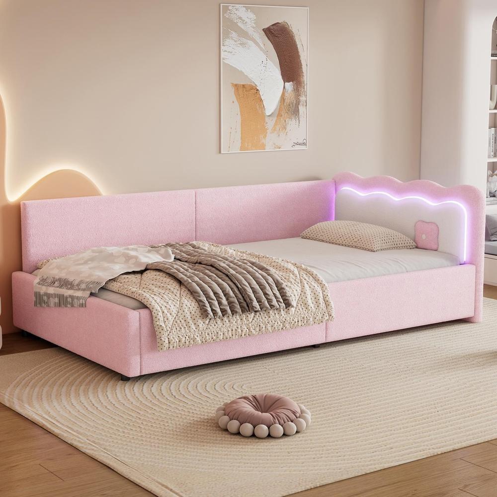 Cama divã 90x200cm com iluminação LED e estrado de ripas, rosa