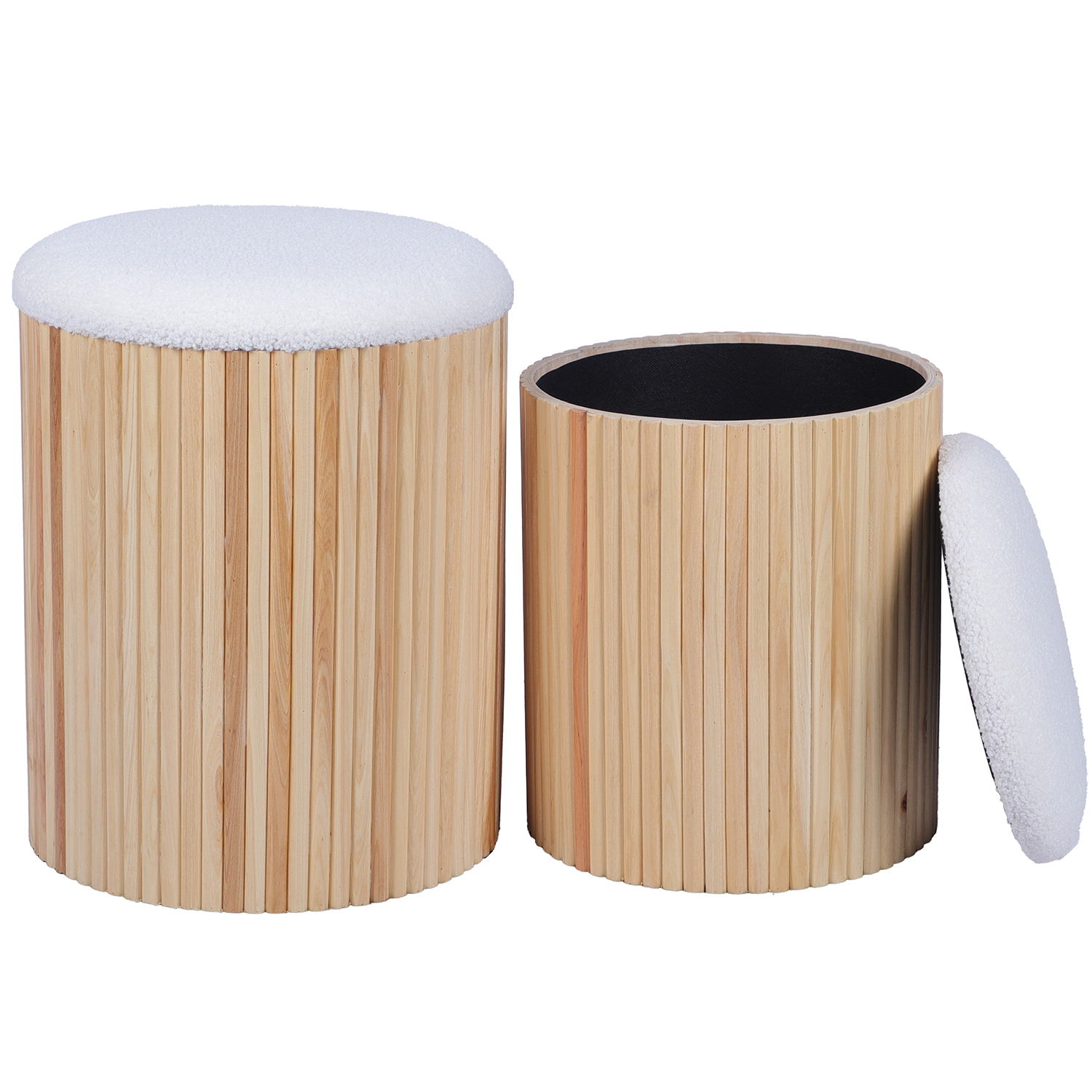 Conjunto de 2 pufes de madeira natural com tampa acolchoada branca.