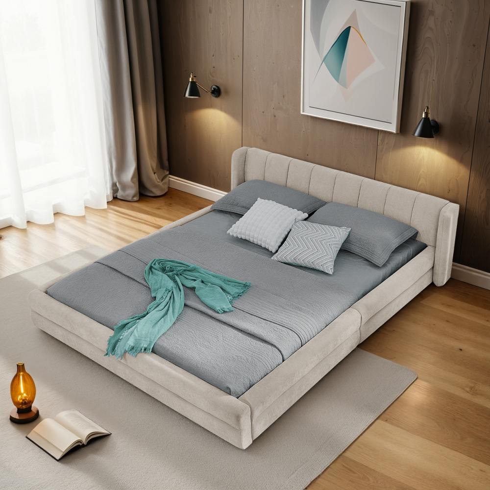 Cama de casal 140x200cm com cabeceira em chenille – bege