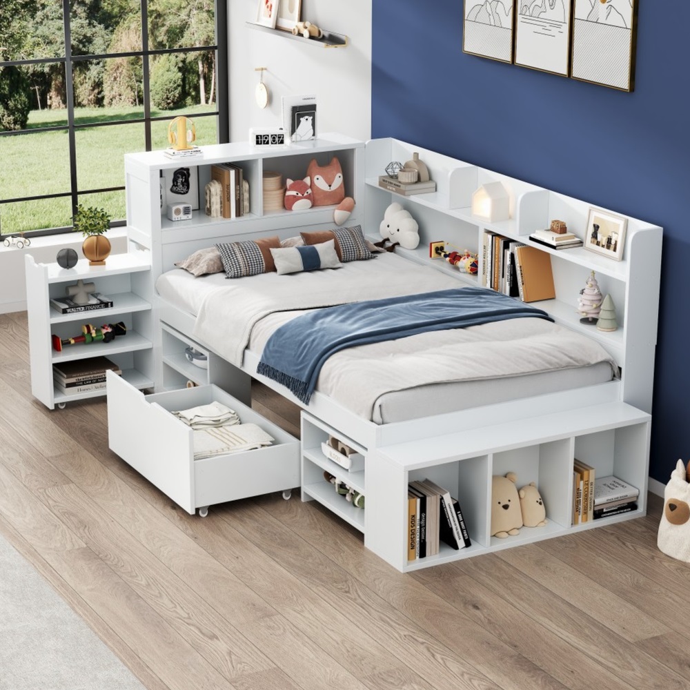 Cama infantil 90x200cm com arrumação 2 gavetas estante armário branco