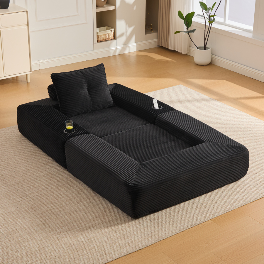 Sofá-cama modular cotelê preto 2 lugares com bolsos e porta-copos