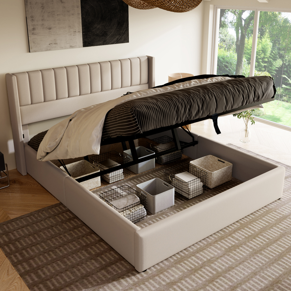 Cama de casal 160x200cm com arrumação hidráulica linho – bege