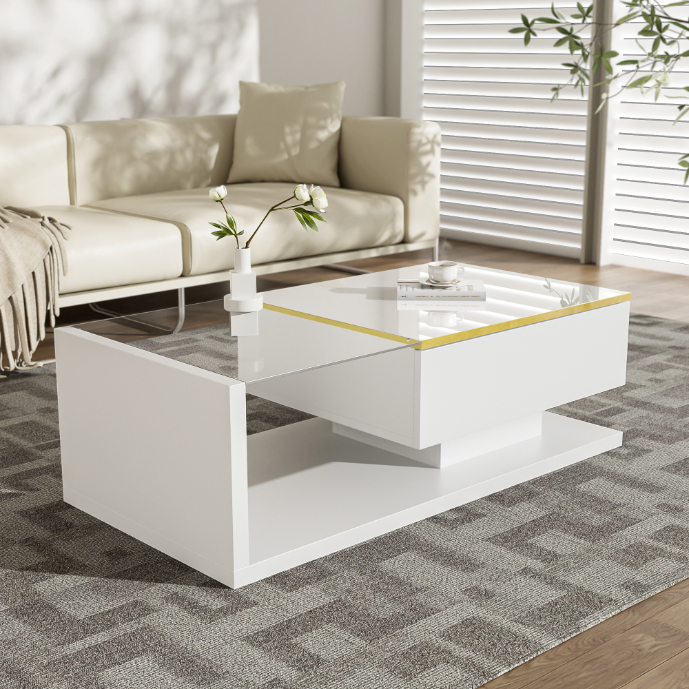 Mesa de centro branca com vidro e iluminação LED 32,5x100x50cm