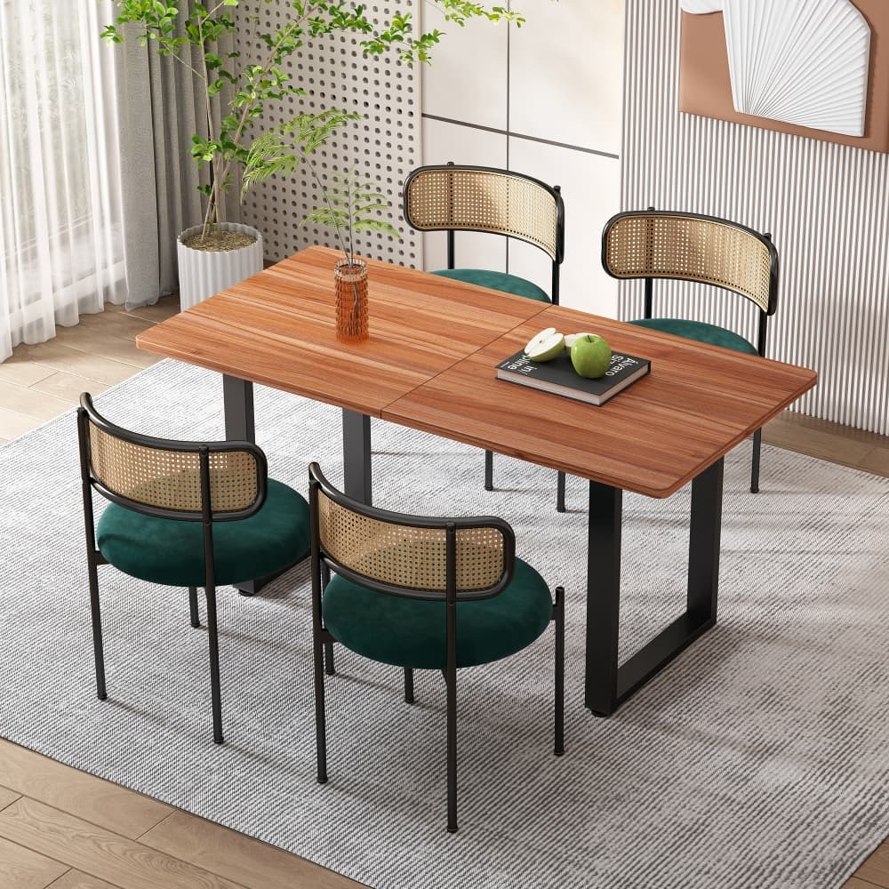 Conjunto 4 cadeiras jantar veludo verde com rattan e pernas metálicas