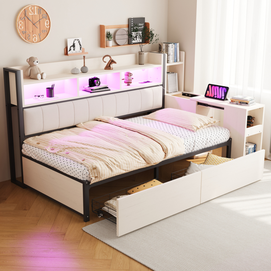 Cama individual multifuncional em metal e madeira branca 90x200 cm