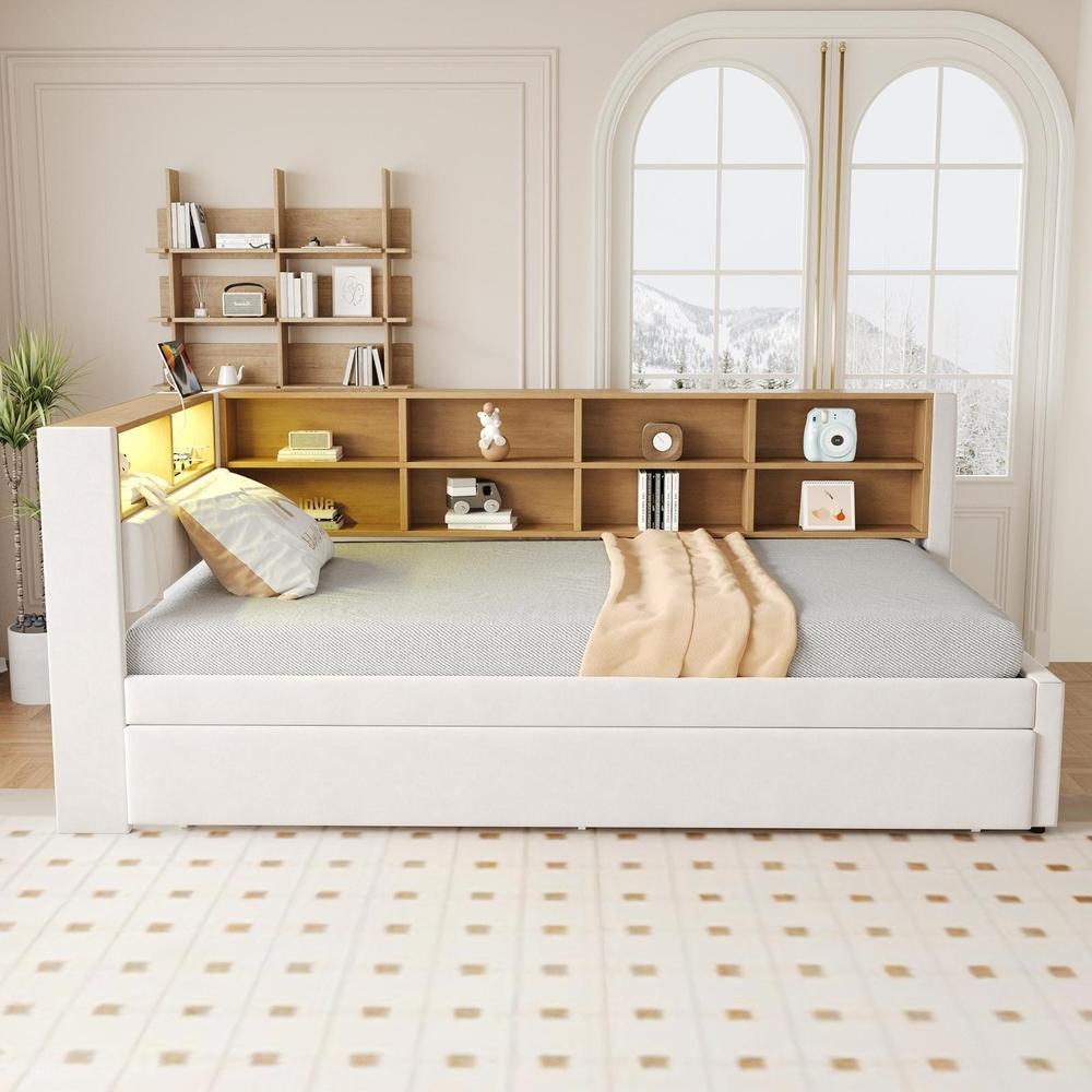 Sofá-cama extensível 90x200cm com arrumação e LED usb bege