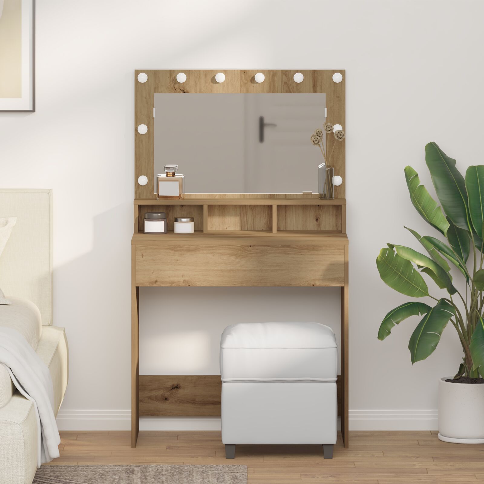 Mesa de maquiagem com luzes LED em carvalho artisan 79x41x135 cm wf417417