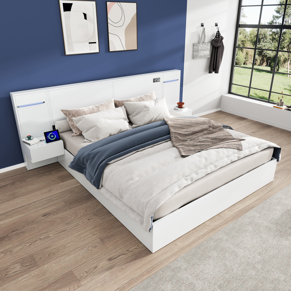 Cama de casal 180x200cm com bluetooth relógio luz colorida mdf – branco
