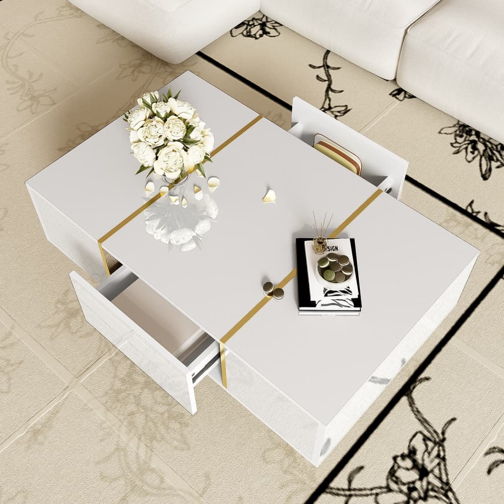 Mesa de centro branca brilho com 2 gavetas 41,5x100x60cm