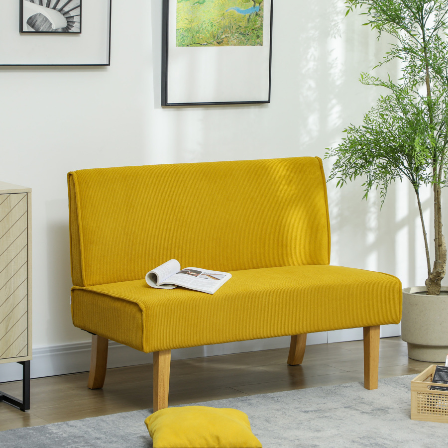 Sofá 2 lugares em tecido canelado amarelo compacto 110 x 62 x 85 cm