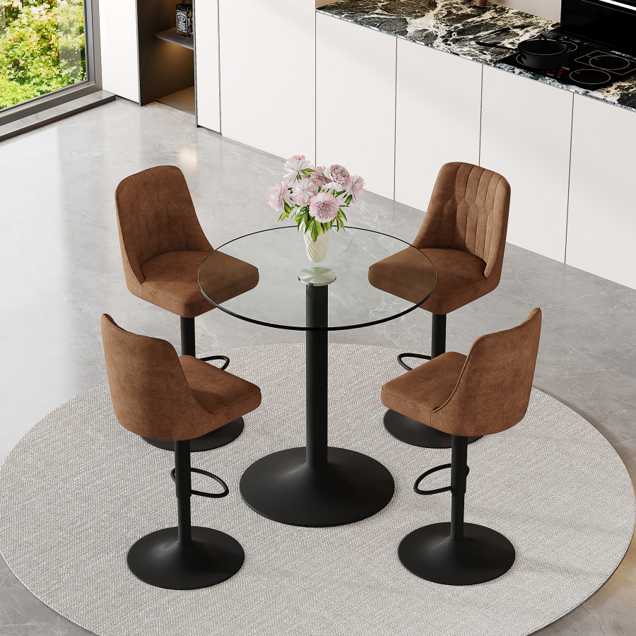 Conjunto mesa de bar redonda vidro 89cm 4 bancos giratórios castanho preto