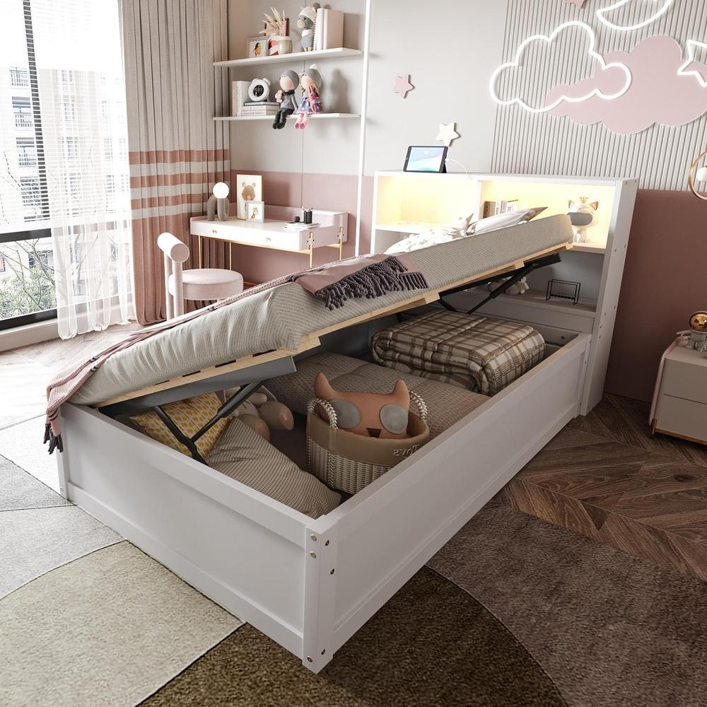 Sofá-cama 90x200 cm, madeira maciça, LED, tomadas, arrumação, branco