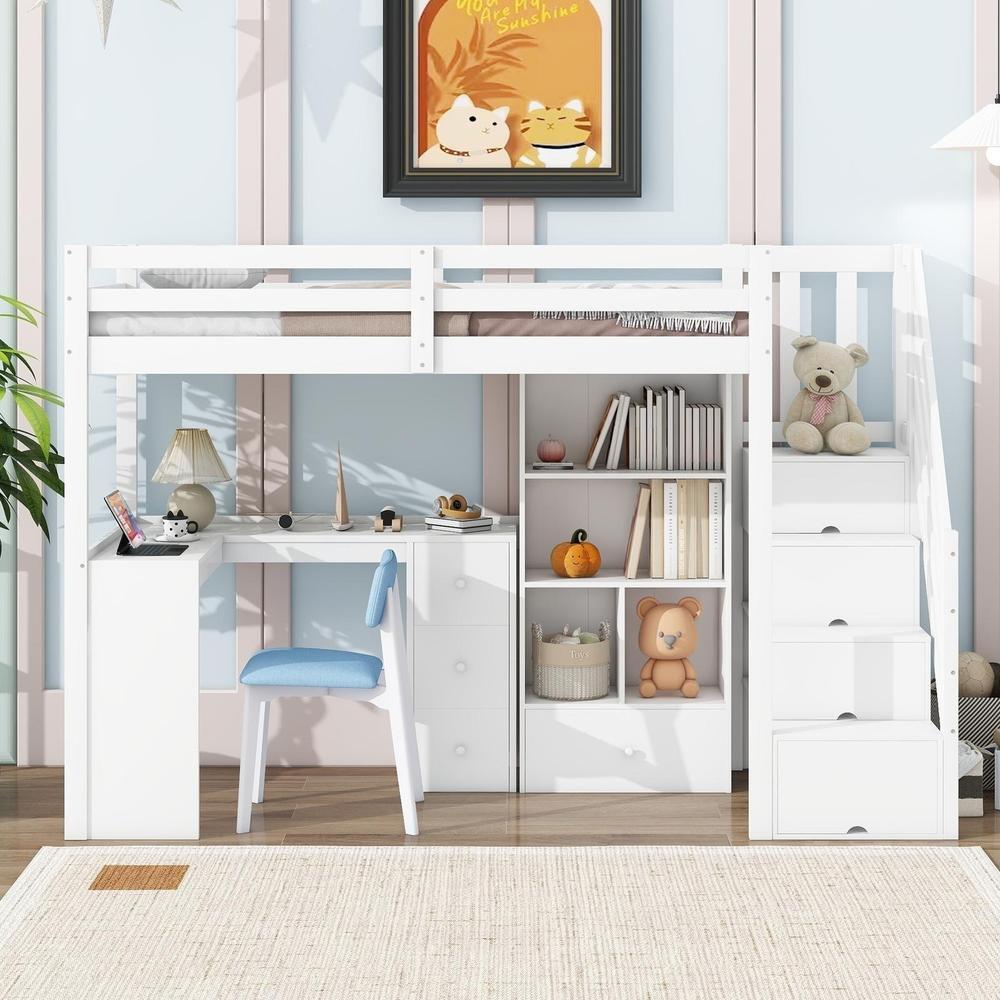 Cama alta infantil 90x200 cm com secretária, gavetas e armário branco