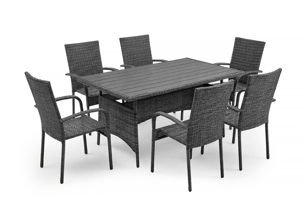 Mesa de jantar + 6 cadeiras em rattan pe. Mobiliário para jardim e pátio,
