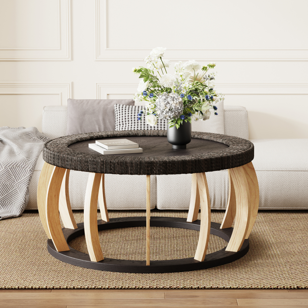 Mesa de centro redonda em madeira e mdf preto castanho 43x90x90cm
