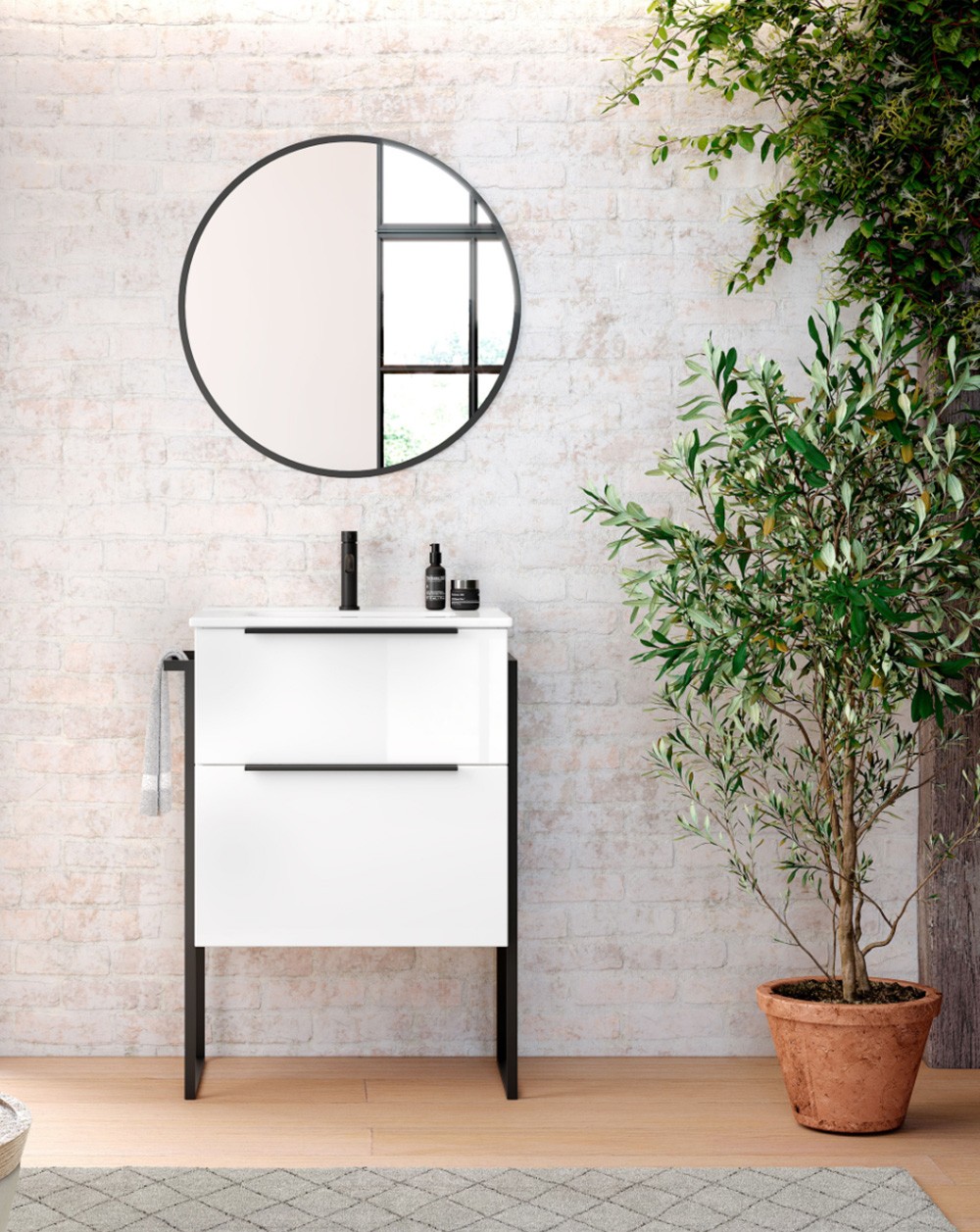 Armário de banho montado com pia de lavagem em cerâmica 70 cm - branco