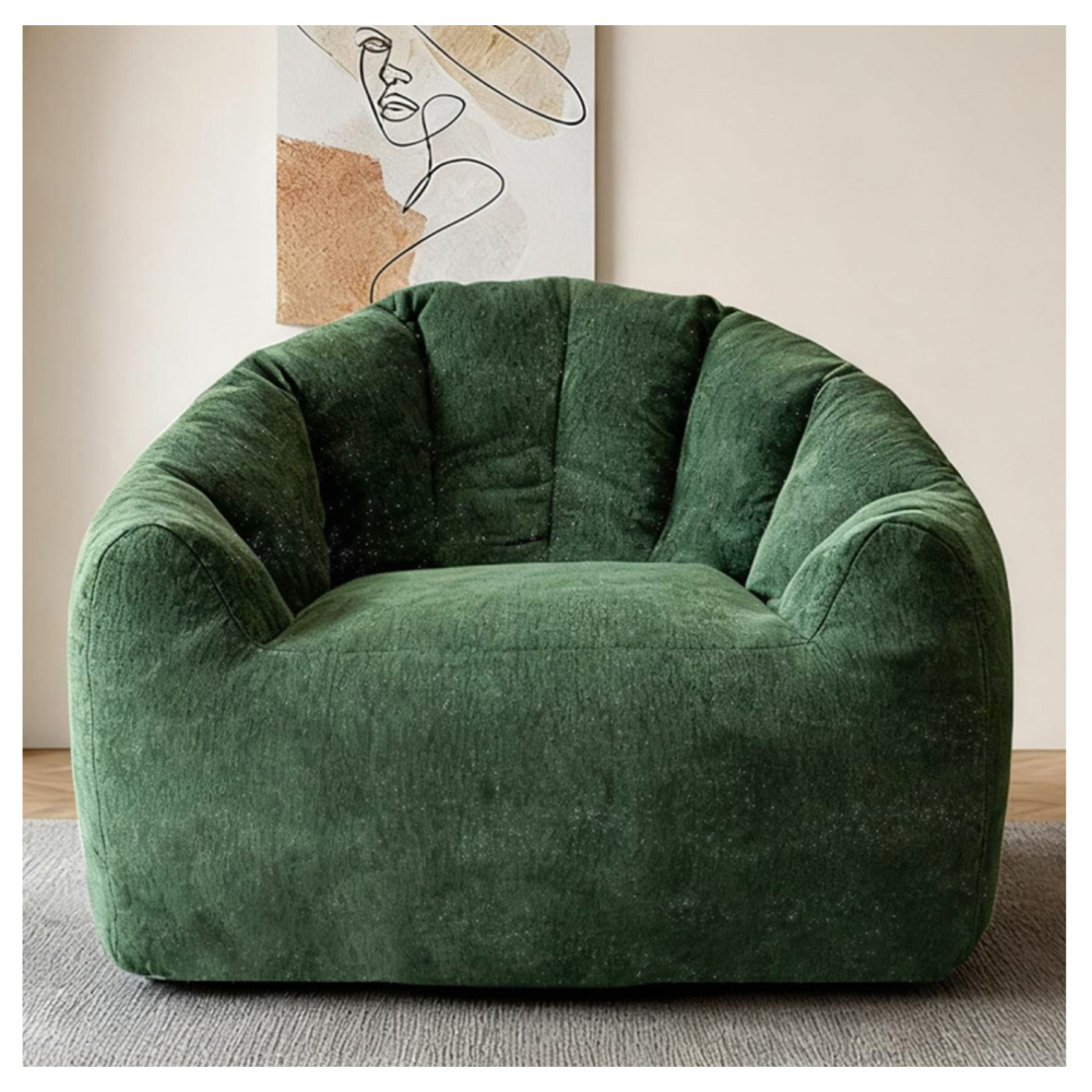 Poltrona redonda em flanela verde - assento ergonómico para relaxamento