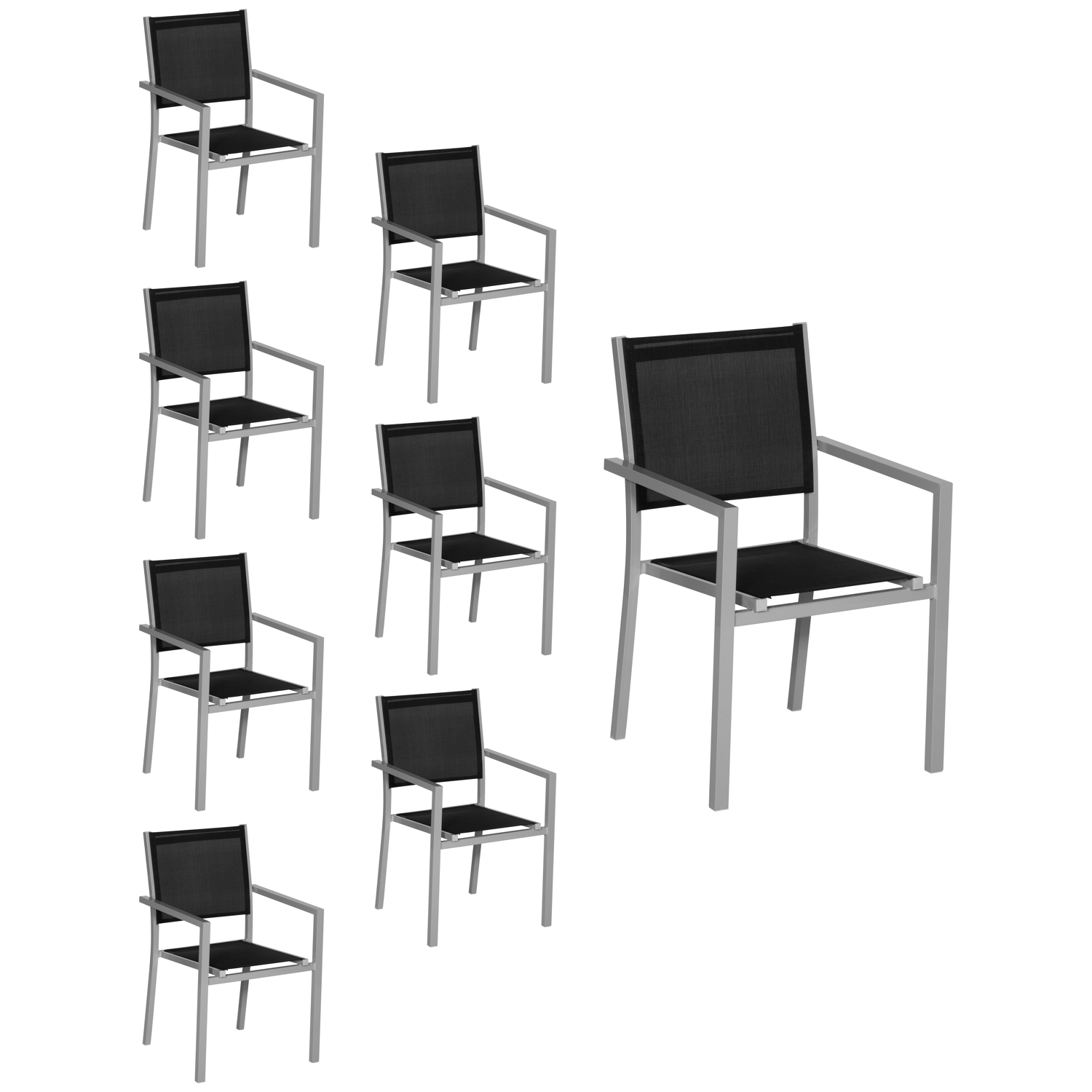 Conjunto de 8 cadeiras de alumínio cinzento - textilene preto