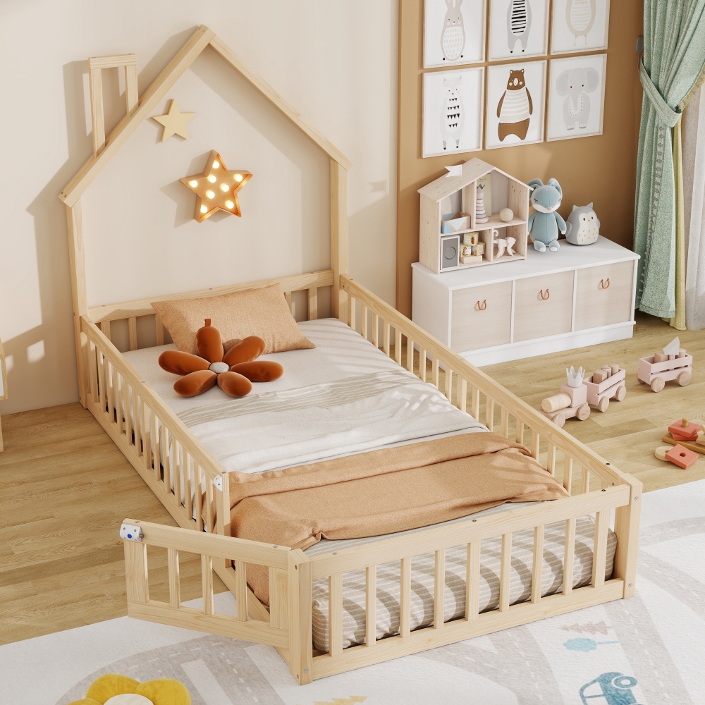 Cama infantil 90x200cm com grelha e chaminé madeira de pinheiro natural