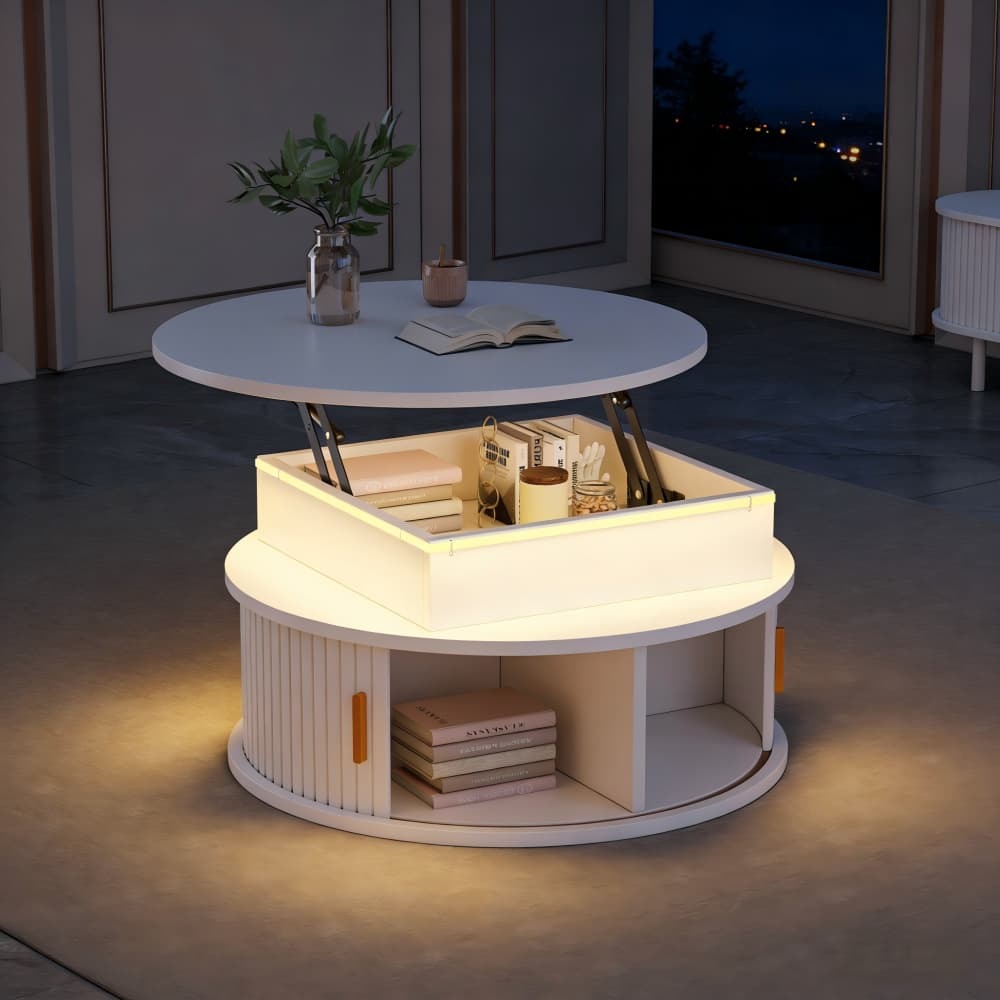 Mesa de centro elevatória redonda branca com iluminação 52x75cm