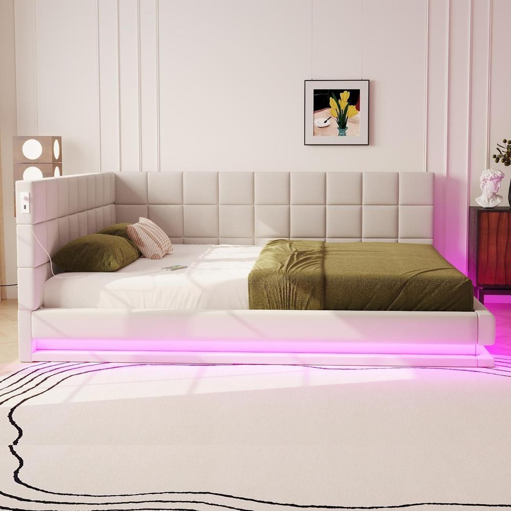 Sofá cama 160x200cm com luzes LED usb somier ripas bege