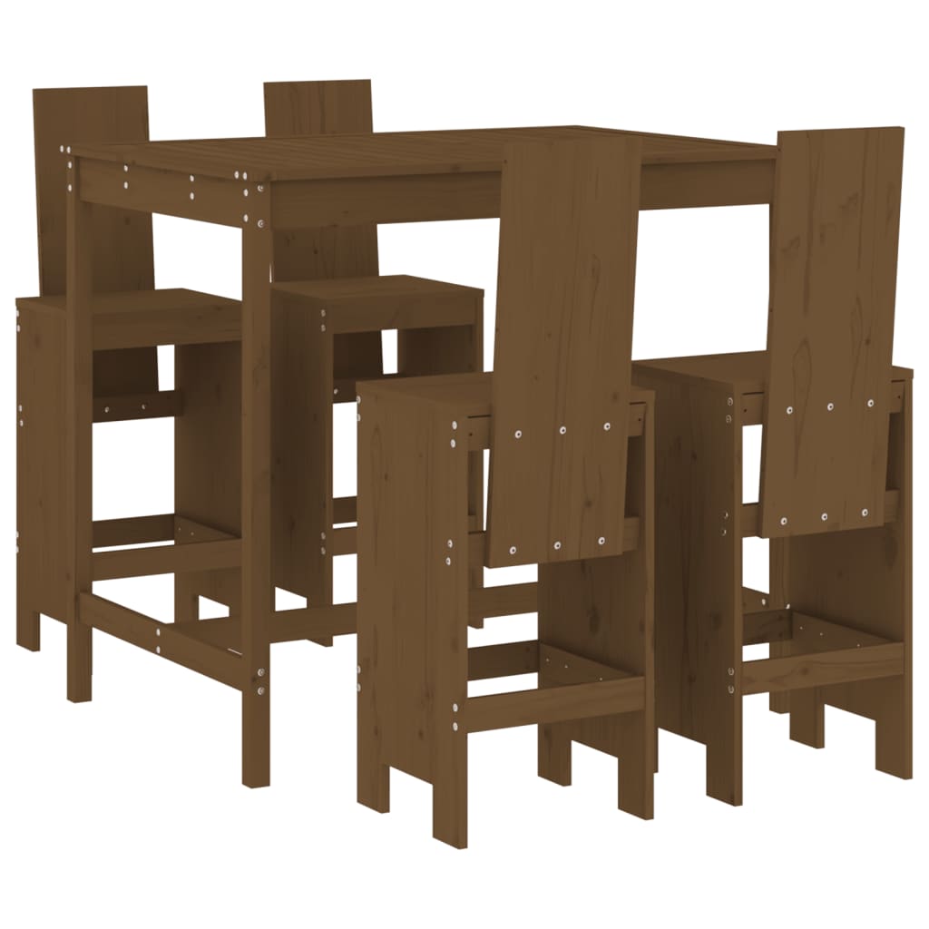 vidaXL mesa y taburetes altos de jardín 5 pzas madera pino marrón miel