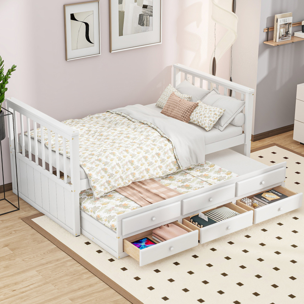 Cama individual 90x200cm com cama auxiliar e 3 gavetas madeira – branco