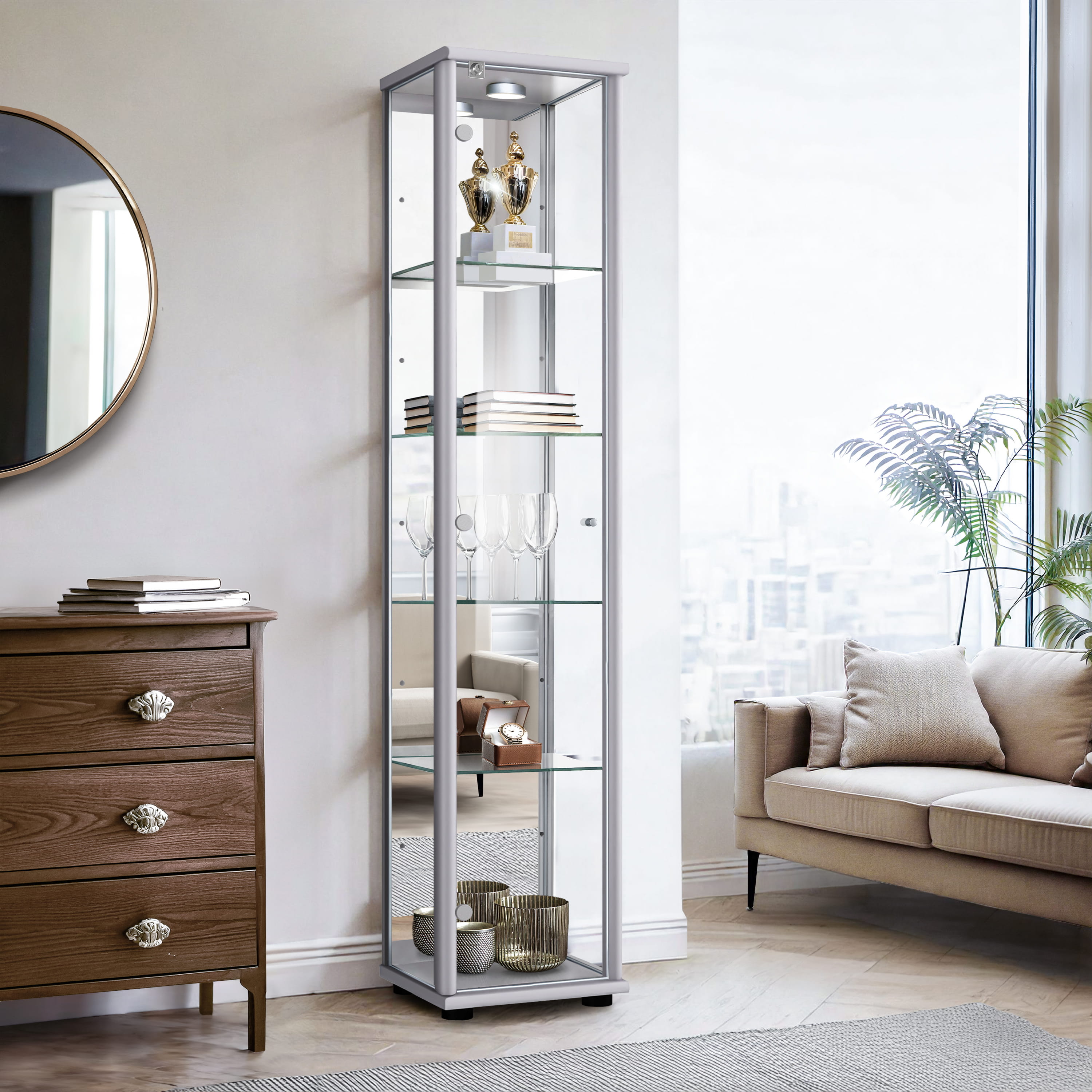 K-möbel vitrine cristal prata 176x37x33 cm com espelho, LED, fechadura