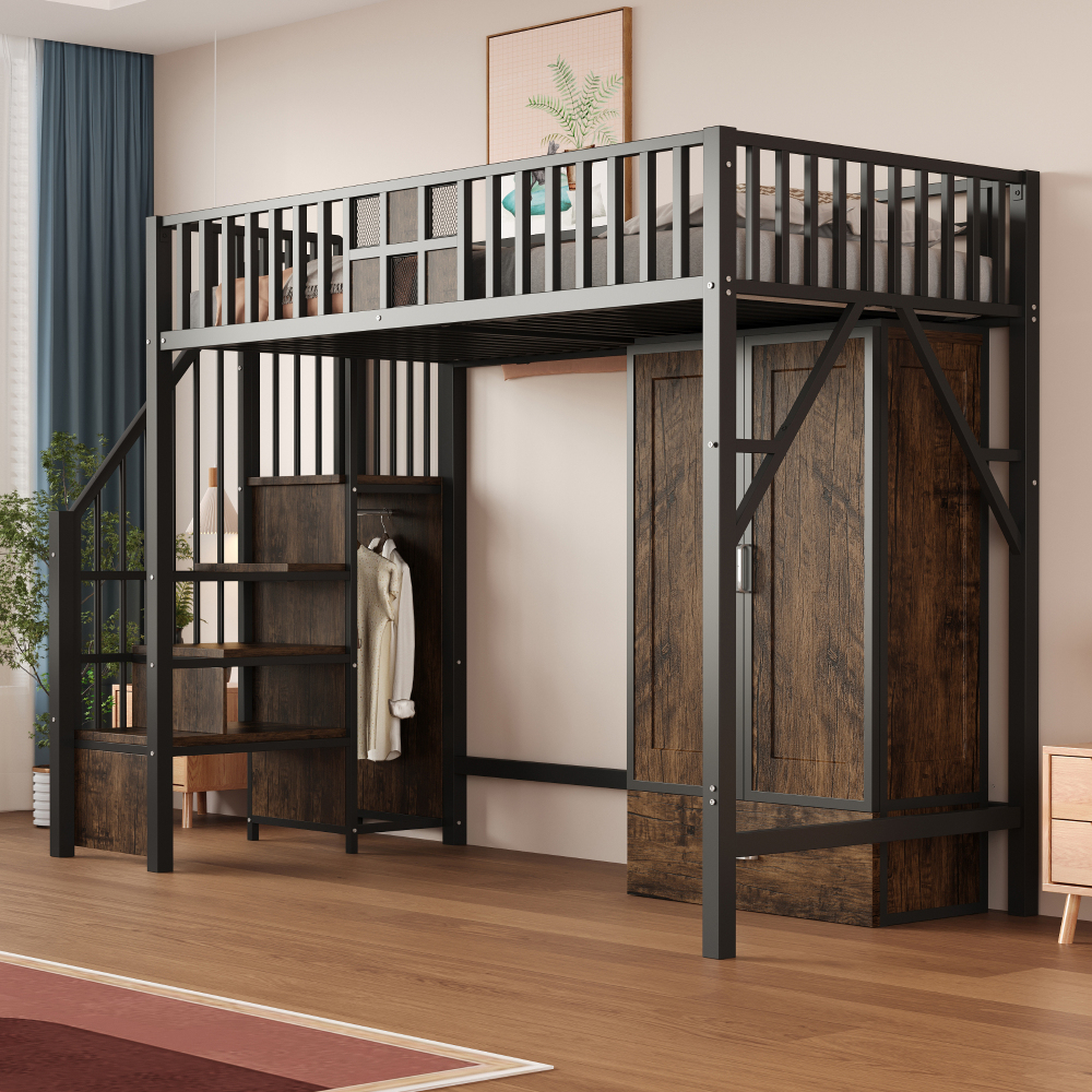 Cama alta 90x200cm com guarda roupa e arrumação metal e madeira – preto